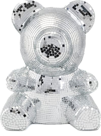 KIMU® Teddybeer 31 cm Spiegeltjes Zilver - Beer Discobal Pop Beeld Standbeeld Disco Spiegel - Deco Discobol Spiegelbol Glitter Decoratie Festival