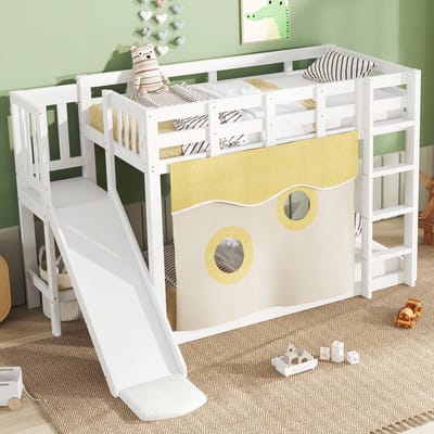 MODFU Stapelbed 90x200 cm – met glijbaan, trap, bedhekje en bedgordijnen – hout – wit – speels design