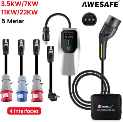 Awesafe 4 interfaces Laadkabel Auto - Mobiele Thuislader EV-Lader Type 2 - Geschikt Voor Elektrische Auto - 3.5/7/11/22kW 16/32A Schakelbaar 1/3-Fase - Waterdicht - 5M - Met handtas - Wit