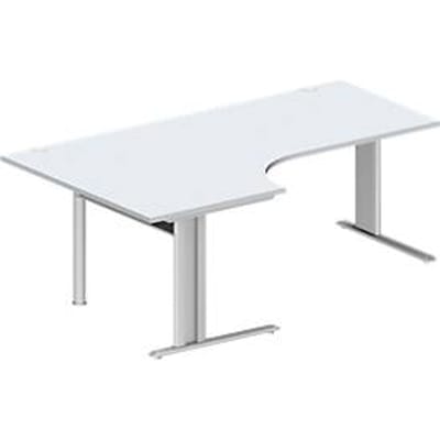 Schäfer Shop Pure hoekbureau PLANOVA BASIC, 90° hoek links, C-poot, B 2000 x D 1200/800 x H 717 mm, aluminium lichtgrijs/wit + kabelgoot