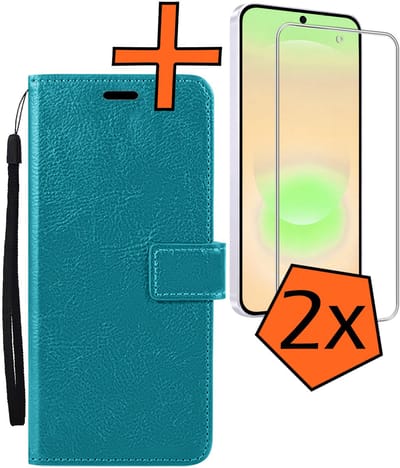 Hoes - Met 2x Screenprotector - Geschikt voor Samsung Galaxy A37 - Luxe Pasjeshouder - Bookcase Portemonee - Flip Case - Kunstleer Book Case - Flipcase Hoes - Book Cover - Walletcase - PortemonneeHoes - Turquoise