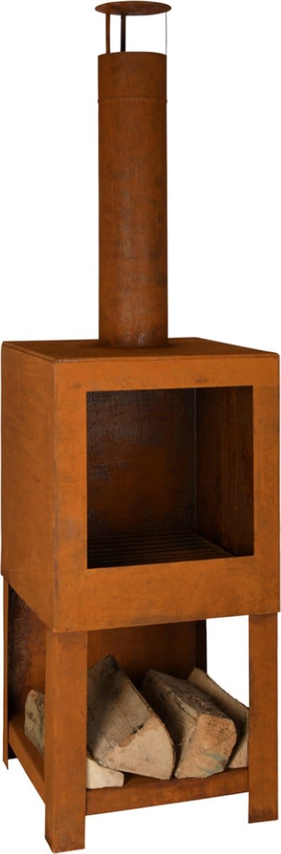 Esschert Design Fancy Flames Buitenkachel met houtopslag roestdesign - Vuurhaard - Staal - Bruin 133,7 x 38,4 x 38,4 cm