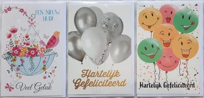 3 Wenskaarten - Een Nieuw Huis Veel Geluk + 2 x Hartelijk Gefeliciteerd - 12 x 17 cm – WON-308