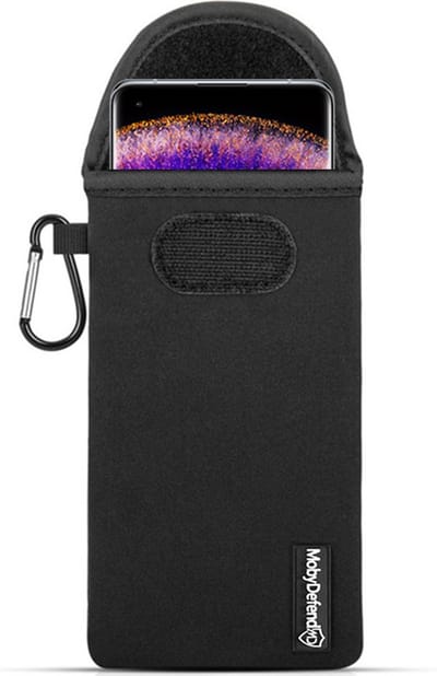 MobyDefend Hoesje - Geschikt voor Oppo Find X5 - Neopreen Pouch Met Karabijnhaak - Insteek - Riemlus - Zwart