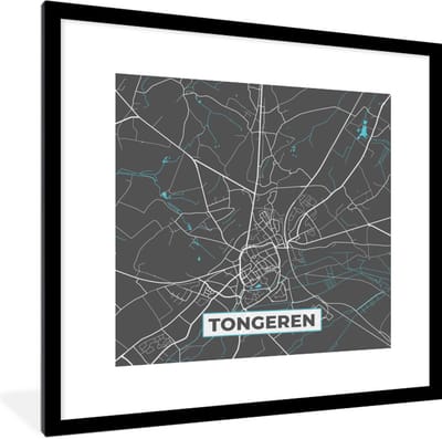 Fotolijst incl. Poster - België – Tongeren – Stadskaart – Kaart – Blauw – Plattegrond - 40x40 cm - Posterlijst