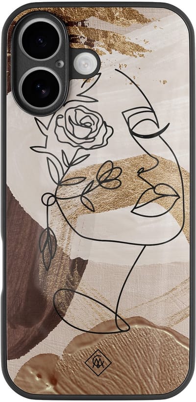 Casimoda® hoesje - Geschikt voor iPhone 17 - Abstract Gezicht Bruin - Luxe Hard Case Zwart - Backcover telefoonhoesje - Bruin/beige