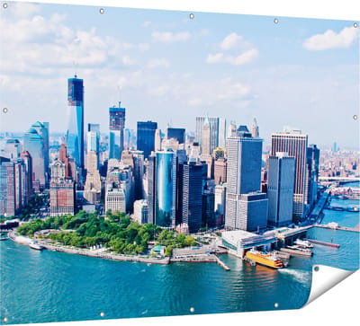 Gards Tuinposter New York Als een Eiland vanuit de Lucht - 160x120 cm - Tuindoek - Tuindecoratie - Wanddecoratie buiten - Tuinschilderij