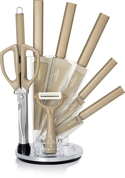 Swiss Haus® KSL9CH Messenset Met Blok – 9 Delige Professionele Keukenmessen Set - Inclusief Schaar, Dunschiller & Aaanzetstaal – Antiaanbaklaag – Champagne