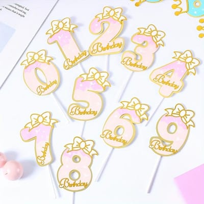 10 Pièces Décorations d'Anniversaire Sauvage Fille Gâteau Anniversaire Insertion Lumière Décoration Gâteau Carte d'Insertion Numéro Carte Décor Bleu Décor Maison rose