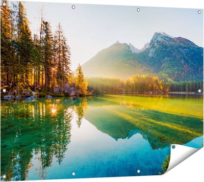 Gards Tuinposter Zonsopgang bij het Meer in de Herfst - 120x90 cm - Tuindoek - Tuindecoratie - Wanddecoratie buiten - Tuinschilderij