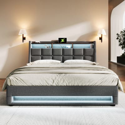 VVBV Gestoffeerd Slaapkamerbed 160x200 cm met USB, Lattenbodem - Voor Kinderen/Tieners - Metaal/Linnen - Zonder Matras