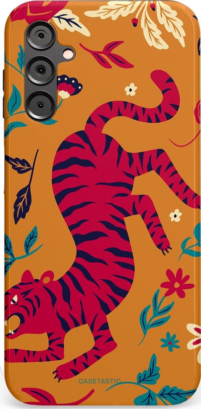 Casetastic Hoesje Geschikt voor Samsung A14 (5G/4G) - Stijlvolle Beschermende Duo-layer Case - Zonnetijger