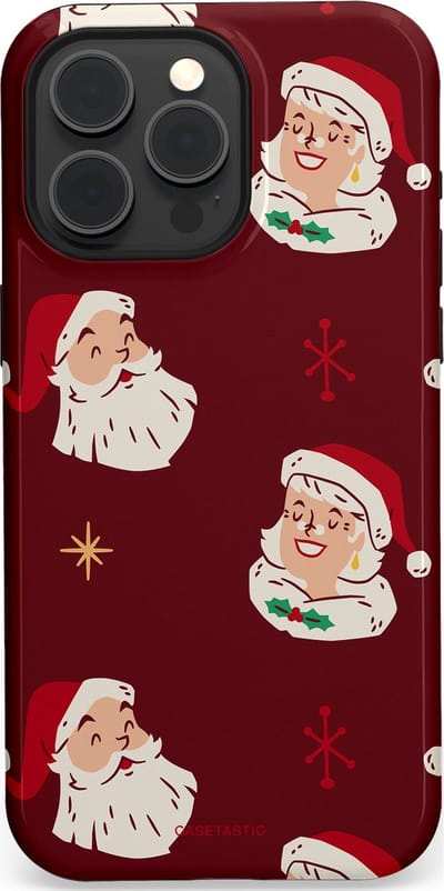 Casetastic hoesje geschikt voor Apple iPhone 15 Pro Max - MagSafe - Dubbellaagse bescherming - Mr. & Ms. Santa - Kerst - Fashion Case - Bordeaux Lichtgrijs Taupe