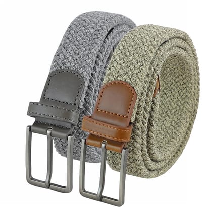 Landley Voordeelset Gemêleerde Elastische Riemen Grijs & Beige – Luxe Gevlochten Stretch Riemen - Dames & Heren - Duopack - Lengte totaal 100 cm / Riemmaat 85