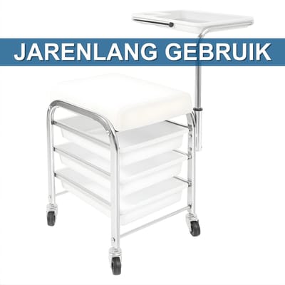 Manicure Pedicure Trolley – Opbergrek voor Salon Tools met Verstelbare Tray 53–77 cm – Draagkracht 100 kg – IJzer & Kunststof Beauty Trolley – Wit