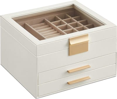 Famanu - Sieradendoos 3 lagen met glazen deksel en 2 laden, elegante juwelendoos met fluwelen binnenkant – wit