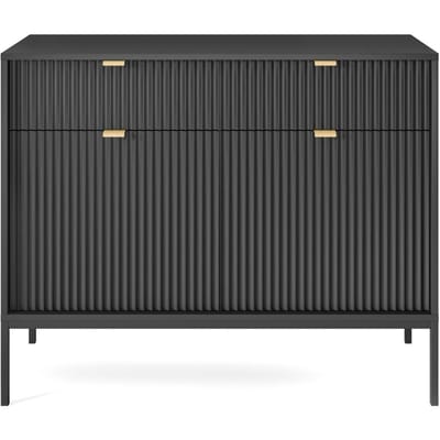 Selsey Vellore - tweedeurs ladekast 104 cm - zwart met gecanneleerde fronten en gouden handgrepen