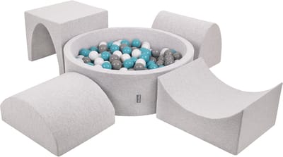 KiddyMoon schuimspeelplaats met rond ballenbad (300 ballen) ballenbakken voor baby's speelbad hindernisbanen, made in the eu, lichtgrijs:grijs/wit/turquoise