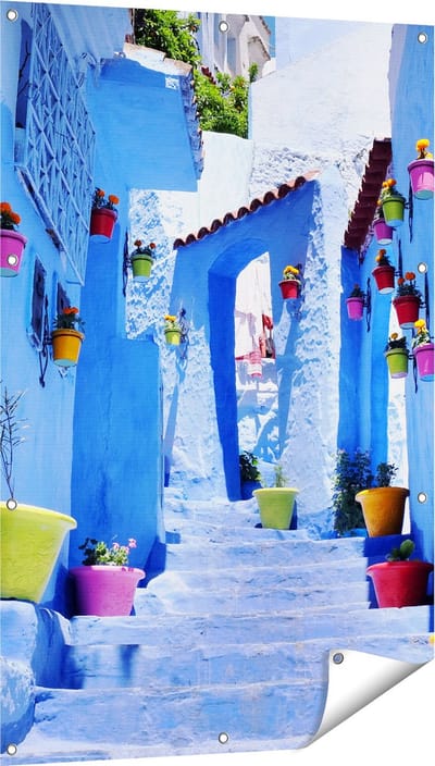 Gards Tuinposter Blauwe Huizen met Bloempotten in Chefchaouen, Marokko - 80x120 cm - Tuindoek - Tuindecoratie - Wanddecoratie buiten - Tuinschilderij