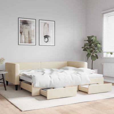 vidaXL - Slaapbank - met - onderschuifbed - en - lades - 90x200 - cm - stof - crèmekleur