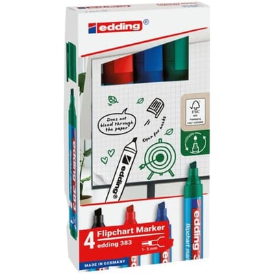 edding 383 flipchart marker set met 4 kleuren - zwart, rood, blauw, groen - beitel punt 1-5 mm - geschikt voor alle soorten vellen papier - navulbaar - cap-off technologie - drukt niet door
