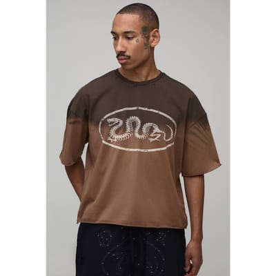Oversized Boxy Heavyweight Washed Distressed Rhinestone T-Shirt | Brown | Size XS