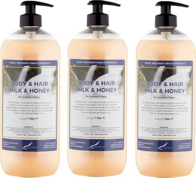 Body & Hair Milk & Honey 1 Liter - met gratis pomp - set van 3 stuks - 2 in 1 voor lichaam en haar.