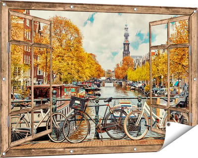 Gards Tuinposter Doorkijk Amsterdamse Brug bij een Brug met Fietsen - 120x80 cm - Tuindoek - Tuindecoratie - Wanddecoratie buiten - Tuinschilderij
