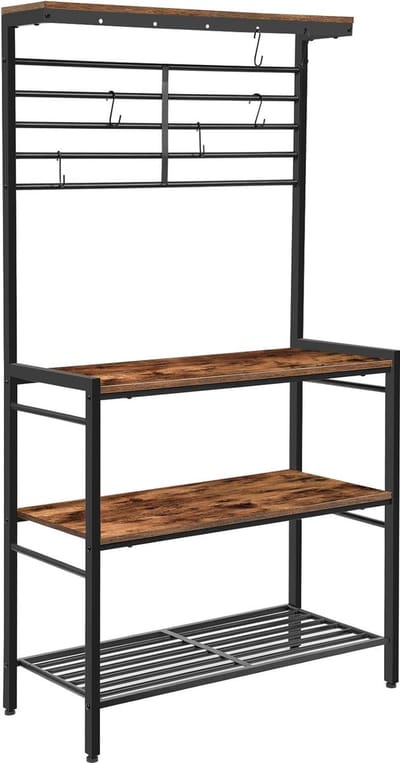 Bakkersrek met hoge displayplank, keukenmagnetronstandaard, opbergplank met 2 houten planken en gaaspaneel, keukeneilandrek met 6 haken, verstelbare poten, rustiek bruin