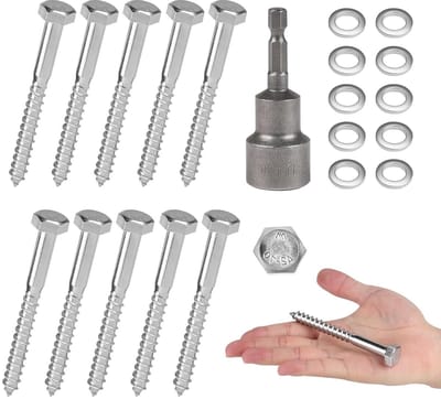 Set van 10 RVS Houtschroeven M10 x 100 mm met Afdichtring en Zeskant Inbussleutel, Duurzame Houtschroeven, Roestvrijstalen Schroeven, Zeskantschroeven