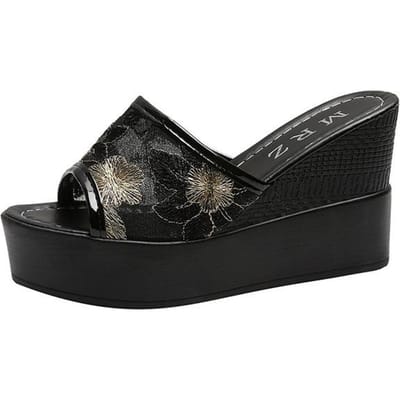 Zomer Dikke Platform Hakken Borduurwerk Pantoffels Dames Elegante Sleehakken Anti-Slip Slippers Buiten Strand Sandalen Damesschoenen 38 zwart