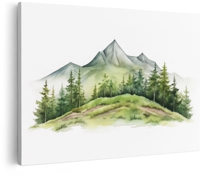 Artaza Canvas Schilderij Berglandschap - 90x60 cm - Wanddecoratie Natuur - Muurdecoratie Dennenbos - Decoratie Aquarel Bergen