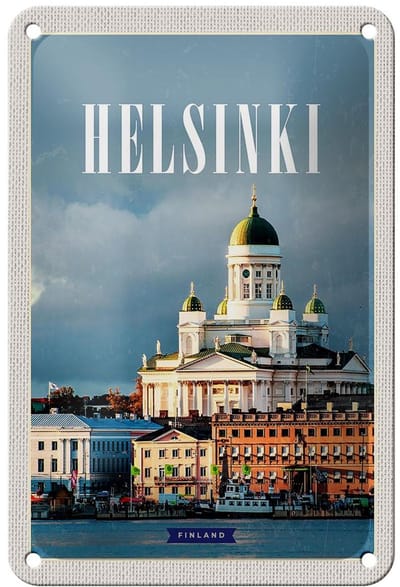 Blechschild Reise 12x18cm Helsinki Finnland Meer Stadt Kirche Schild