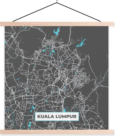 Posterhanger incl. Poster 40x40 cm - Schoolplaat - Kuala Lumpur - Stadskaart - Plattegrond - Blauw - Kaart - Textielposter - Blanke latten - Stadskaart