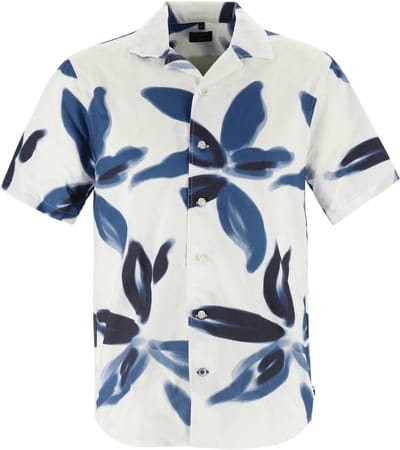 OLYMP Casual regular fit overhemd - korte mouw - popeline - offwhite met blauw dessin