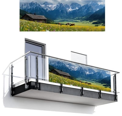 Balkonscherm 300x110 cm - Balkonposter Alpen - Weide - Bergen - Koeien - Balkon scherm decoratie - Balkonschermen - Balkondoek zonnescherm