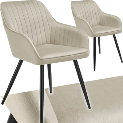 tectake® Eetkamerstoel - Gevoerde fluwelen zitting met gestikt patroon - Zwart metalen poten - Woonkamer, eetkamer, slaapkamer en kantoor - Draagkracht 120 kg - Set van 2 - Crème /zwart