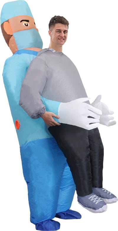 KIMU® Opblaas Kostuum Gedragen Door Dokter - Opblaasbaar pak - Dokterpak Mascotte Opblaaspak - Opblaasbare Chirurg Dames Heren Festival