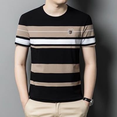 Zomer Heren Gestreept T-shirt met Korte Mouwen Dun Ronde Hals Recht Model Jeugd Jeugd Populair XXXL gray