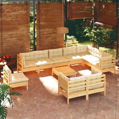 vidaXL - 11-delige - Loungeset - met - crèmekleurige - kussens - grenenhout