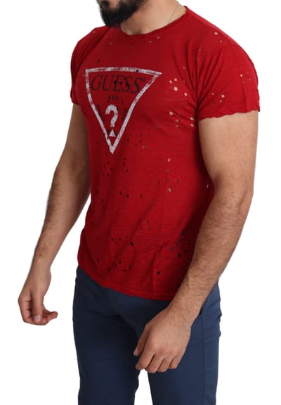 Guess Rood Katoen Logo Print Heren Vrijetijdskleding Geperforeerd T-shirt