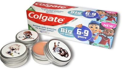 Colgate Maximum cavity protection 6-9 jaar met Mini Mo Veganistische lippenbalsem met vanille smaak en SPF10 set van 3