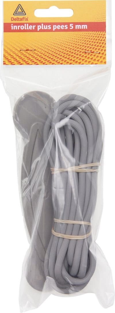 Raamhor pees met inroller grijs 6.40meter lang x 5 mm. dik. Deltafix.