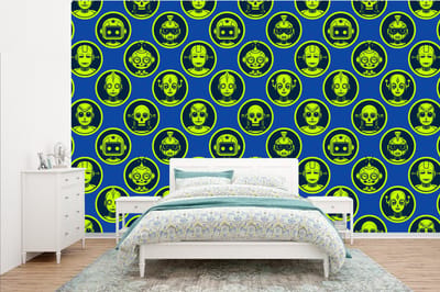 Behang - Fotobehang Patronen - Robot - Geel - Blauw - Jongens - Kinderen - Kids - Jongetje - Breedte 385 cm x hoogte 240 cm