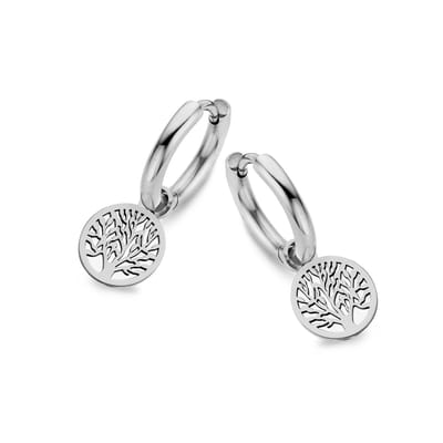 CO88 Collection Oorbellen Dames - Oorbellen met Hanger - Levensboom - Ø12mm - Staal - Zilverkleurig - 8CE-70161