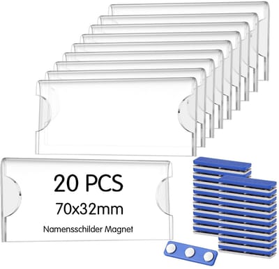 Dailygoods - Yoosso 20 stuks magnetische naambordjes, 75 x 30 mm, transparant, acryl, 3-punts neodymium-magneten, voor kleding, kantoor, school, conferenties
