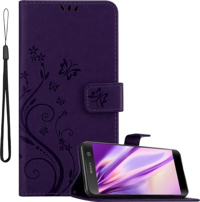 Cadorabo Hoesje geschikt voor Sony Xperia XA2 in BLOEMEN DONKER PAARS - Beschermhoes in bloemmotief met magnetische sluiting, standfunctie en kaartsleuven Book Case Cover Etui