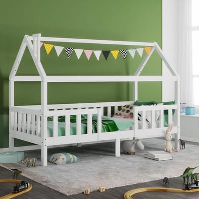 Kinderbed 90x200 cm - Huisbed voor Kinderen van 5 tot 10 Jaar - Massief Hout met Valbeveiliging
