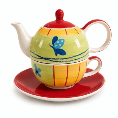 Handgeschilderde Tea for One Set - Keramieken Theepot, Kop en Schotel - Vlinder Design