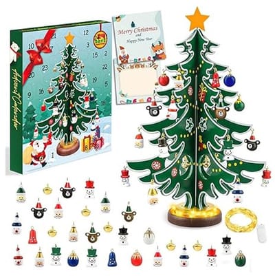 Adventskalender 2025 Kinderen – Houten Kerstboom met Mini-Lichtketting – 24 Dagen Aftellen – 30 Ornamenten – Tafel/Kerstdecoratie Binnen